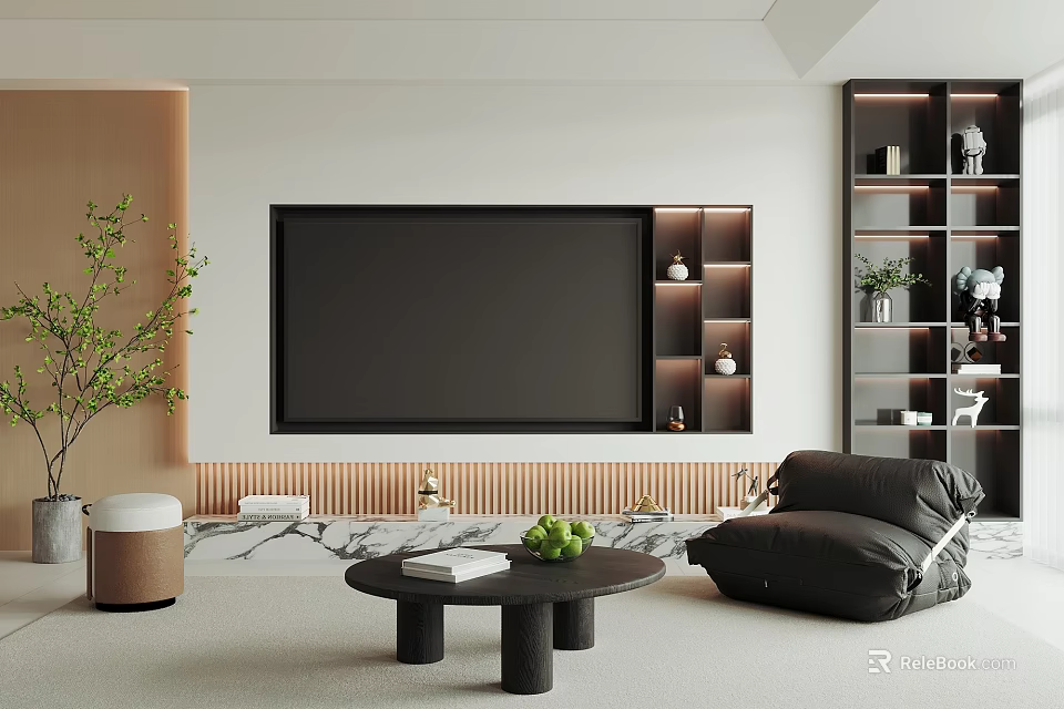 Modern TV Wall Design in Living Room with Black Screen Embedded Shelves And Decorative Plants 3d model 