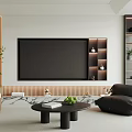 Modern TV Wall Design in Living Room with Black Screen Embedded Shelves And Decorative Plants