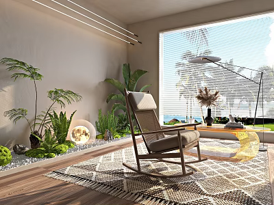 Cozy Indoor Landscape With Rocking Chair Patterned Rug Tropical Plants Large Window Blinds And Pebble Decor 3d model