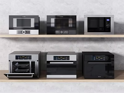 Modern Kitchen Appliances Display With Microwaves And Ovens On Two Shelves 3d model