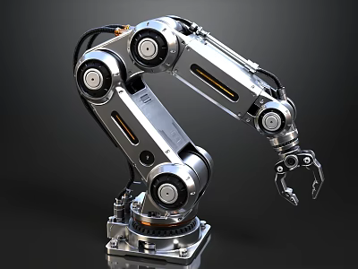 Silver Industrial Robotic Arm With Multiple Joints And Gripper On Dark Background 3d model
