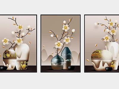 Three Panel Decorative Wall Art With Floral Branches And Ceramic Vases 3d model