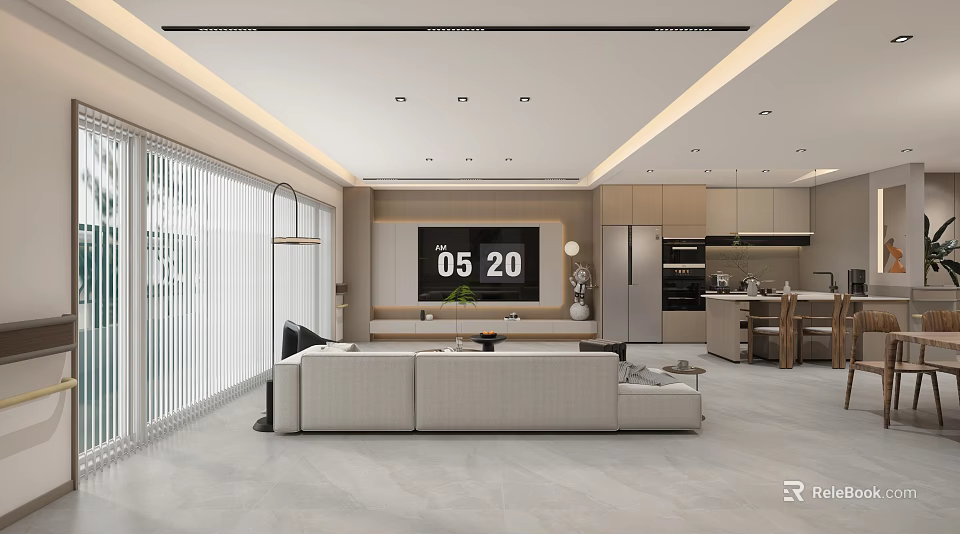 Modern Living and Dining Room Interior With Sofa TV Wall Open Kitchen And Pendant Lights 3d model 