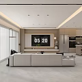 Modern Living and Dining Room Interior With Sofa TV Wall Open Kitchen And Pendant Lights