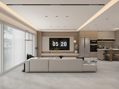 Modern Living and Dining Room Interior With Sofa TV Wall Open Kitchen And Pendant Lights 3d model