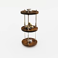 Three Tiered Wooden Side Table With Metal Accents And Decorative Items On Top