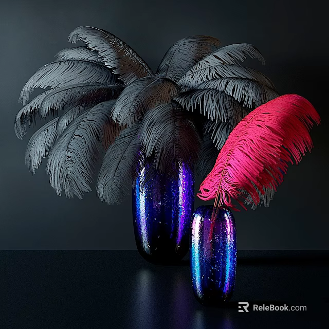 Wall Decor With Shiny Blue Purple Vases And Gray Pink Feathers On Dark Background 3d model 
