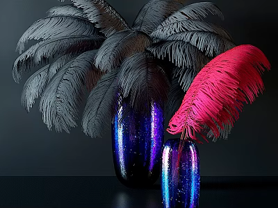 Wall Decor With Shiny Blue Purple Vases And Gray Pink Feathers On Dark Background 3d model