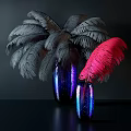 Wall Decor With Shiny Blue Purple Vases And Gray Pink Feathers On Dark Background
