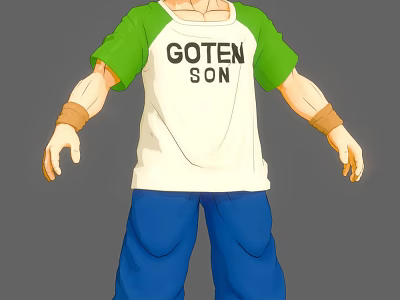 Goten Son Anime Game Character In Green And White T Shirt Blue Pants Brown Wristbands 3d model