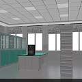 Modern Laboratory Interior With Green Cabinets White Ceiling Square Lights Windows And Central Bench 3d model