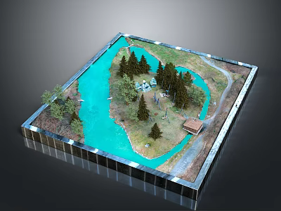 Detailed Miniature Landscape Model With Blue Water Area Pine Trees Pathway And Small Cabin 3d model