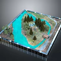 Detailed Miniature Landscape Model With Blue Water Area Pine Trees Pathway And Small Cabin