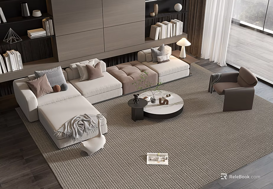Modern Corner Sofa And Round Coffee Table Set With Pillows Armchair And Area Rug 3d model 