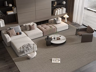 Modern Corner Sofa And Round Coffee Table Set With Pillows Armchair And Area Rug 3d model