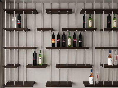 Modern Wall Mounted Wine Cabinet With Multiple Shelves And Various Wine Bottles 3d model