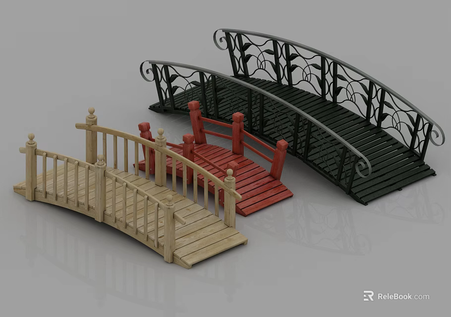 Three Colored Garden Bridges Featuring Wooden Planks And Iron Railings Design 3d model 