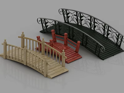 Three Colored Garden Bridges Featuring Wooden Planks And Iron Railings Design 3d model