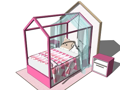 Pink Kids Bed With House Shaped Frame Sheer Curtains Checkered Mattress And Nightstand 3d model