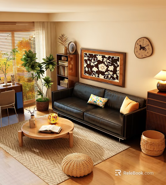 Warm Cozy Retro Living Room With Black Leather Sofa And Round Wooden Coffee Table 3d model 