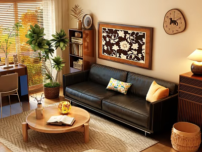 Warm Cozy Retro Living Room With Black Leather Sofa And Round Wooden Coffee Table 3d model
