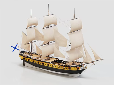 Detailed Sailboat Model With White Sails Multiple Masts And Black Yellow Hull 3d model