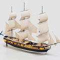 Detailed Sailboat Model With White Sails Multiple Masts And Black Yellow Hull