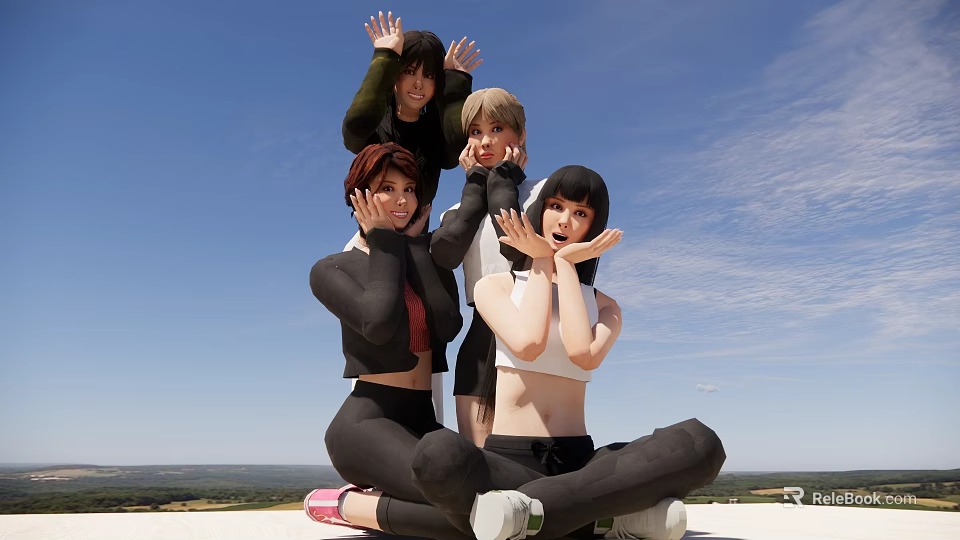 Cheerful Women in Playful Poses Sitting and Standing Outdoor Under Blue Sky With Scenic Background 3d model 
