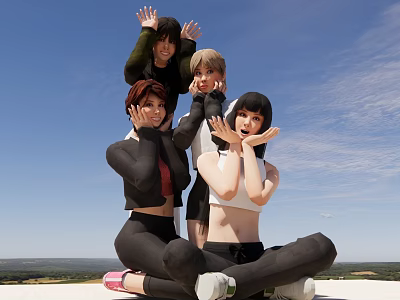 Cheerful Women in Playful Poses Sitting and Standing Outdoor Under Blue Sky With Scenic Background 3d model