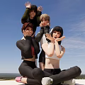 Cheerful Women in Playful Poses Sitting and Standing Outdoor Under Blue Sky With Scenic Background