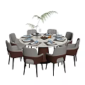 Modern Round Dining Table Set With Beige Chairs Dinnerware And Green Plant 3d model