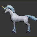 White Unicorn With Blue Mane Tail Golden Horn And Purple Hooves On Reflective Background