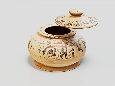 Ancient Traditional Clay Pot With Ornate Lid And Detailed Animal Motifs 3d model