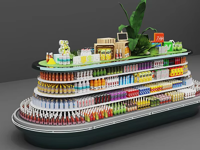 Multi Layered Display Shelves with Various Beverages Food Items and Green Plant Decoration 3d model