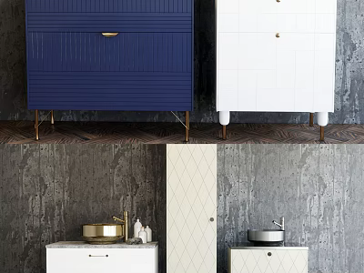 Modern Blue White Washbasin Vanities With Textured Doors Gold Handles And Metal Legs 3d model
