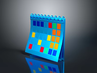 Blue Spiral Bound Calendar With Colorful Date Squares On Reflective Desktop Surface 3d model