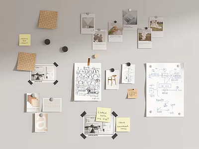 Design Planning Wall With Sticky Notes Sketches Photos And Material Swatches 3d model