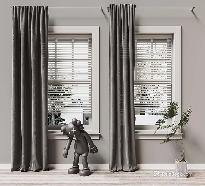 Gray Curtains With Window Blinds And White Framed Windows In Modern Interior 3d model 