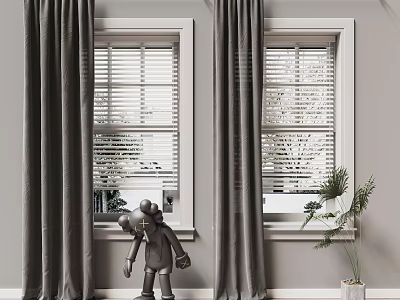 Gray Curtains With Window Blinds And White Framed Windows In Modern Interior 3d model
