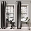 Gray Curtains With Window Blinds And White Framed Windows In Modern Interior 3d model