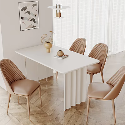 Modern White Dining Table Set With Textured Beige Chairs And Home Interior Elements 3d model