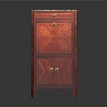 Red Wooden Cabinet With Marble Top Drawer And Golden Handles
