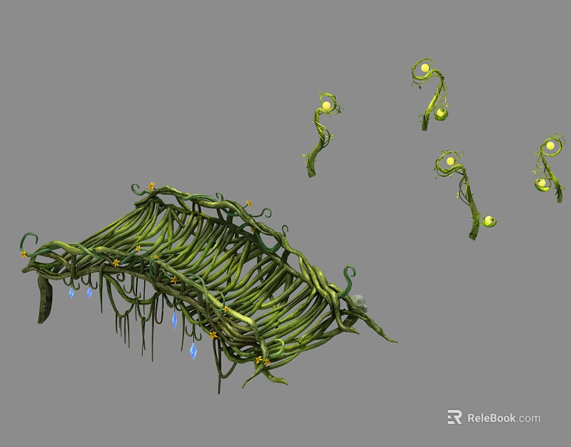 Artistic Green Vines with Twisted Curly Structure and Glowing Small Lights 3d model 