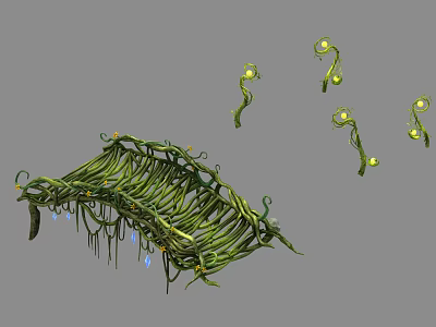 Artistic Green Vines with Twisted Curly Structure and Glowing Small Lights 3d model