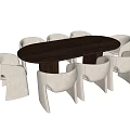 Elegant Modern Dining Table Set With Walnut Wooden Top And Beige Curved Chairs