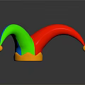 Colorful Pointed Jester Hat With Red Blue Green Points Yellow Pom Poms And Orange Brim
