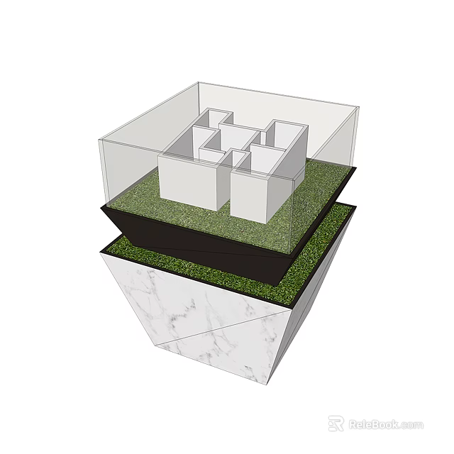 Transparent Display Shelves With Green Lawn Base And Marble Pedestal Design 3d model 