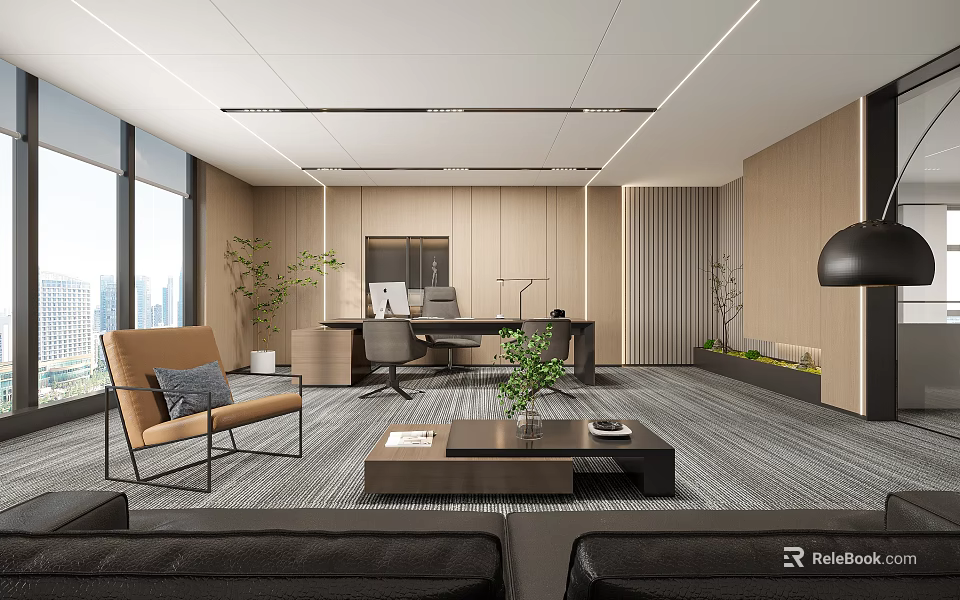 Modern Office Interior Design With Large Windows City View Sofa Coffee Table And Plants 3d model 