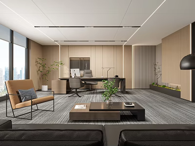 Modern Office Interior Design With Large Windows City View Sofa Coffee Table And Plants 3d model