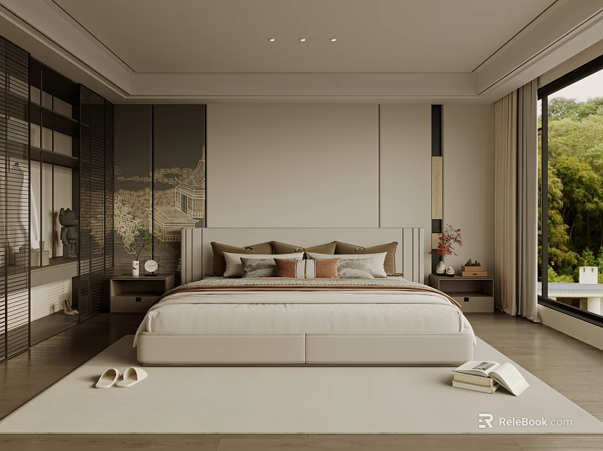 Modern Bedroom Interior With King Size Bed Wooden Nightstands Soft Carpet And Large Window 3d model 